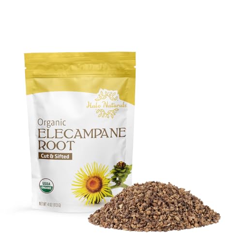 Halo Naturals Organic Elecampane Root Cut & Sifted 4 Ounces (Inula helenium) USDA Certified | Resealable Pouch| Packaged in The USA