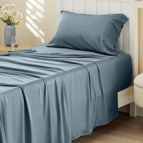 Image of Bedsure Cooling Sheets Twin, Rayon Derived from Bamboo, PureWoven, Breathable & Soft Twin Sheets Set, Deep Pocket Up to 16 Inches, Hotel Luxury Silky Bedding for Hot Sleepers, Dusty Blue