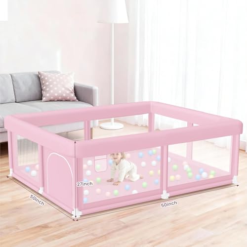 Image of Large Baby Playpen 50 inchx50 inch Baby Girl Play Pen for Babies and Toddlers, Safe Structure and Soft, Skin-Friendly Fabric with Zipper Gates Pink