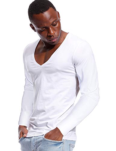 Deep V Neck Shirts Men Long Sleeve Stretch T-Shirt Low Cut Undershirts Tees4