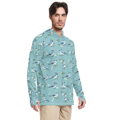 Funny Blue Jay Birds Turquoise Men's Sun Shirts Hoodies Long Sleeve Cooling Hoodies UPF 50+ Farmer Shirt S2