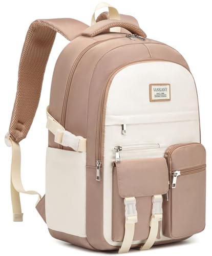 VANKANY Teen Girls School Backpack, Middle High School Backpack for Girls 15.6in Laptop Backpack for Women Cute Bookbags for Kids Elementary, Khaki Beige