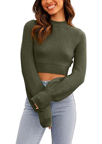 Image of Womens Sexy Crew Neck Cropped Sweaters Knit Long Sleeve Crop Tops Pullover | Ribbed Knit, Long Sleeve, Crop Tops, Pullover,Crew Neck