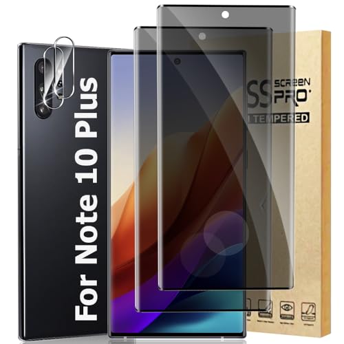 Galaxy Note 10 Plus Privacy Screen Protector,2 Pack Tempered Glass Screen Protector with 2 Pack Camera Lens Protector,3D Full Coverage,9H Hardness,Support Fingerprint Unlock,Easy to install(6.8 Inch)