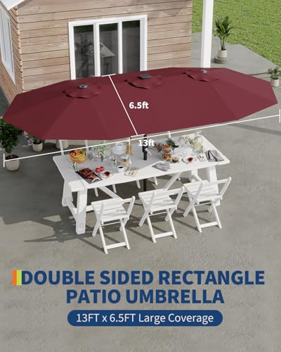 13FT Large Patio Umbrella, Double-Sided Outdoor Umbrellas with Fade Resistant Canopy for Deck Pool Garden Backyard, Wine Red