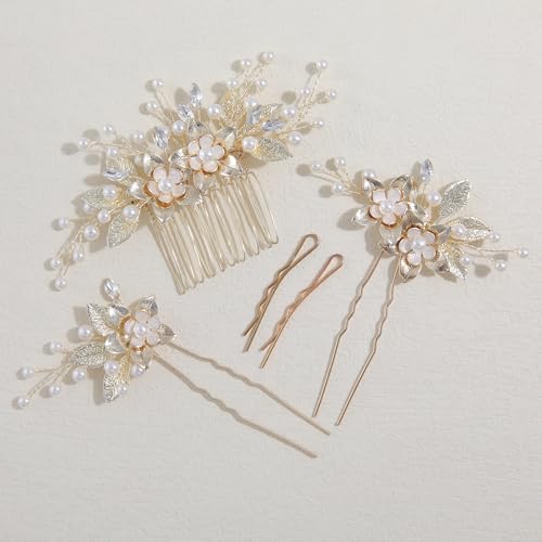 Famihot 髪飾り ヘッドドレス 木の葉 花モチーフ コーム パール ヘアピン 5本セット ヘアアクセサリー ウェディング 結婚式 お呼ばれ 披露宴 卒業式 発表会 和装用 手作り髪飾り (タイプ04)