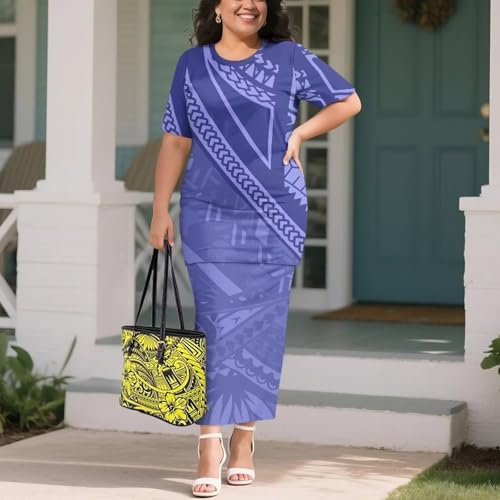 Image of Puletasi Samoan Traditional 2 Piece Outfits for Women Short Sleeve Crop Top and Maxi Skirt Sets Puletasi Dress