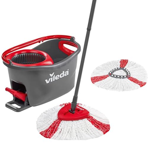 Vileda Turbo Wischmopp Komplett Set mit extra 2in1 Moppkopf, Bodenwischer mit Teleskopstiel, 2 Mikrofaser Moppköpfe mit Kraftfasern und Eimer mit Powerschleuder, schnell und reinigungsstark