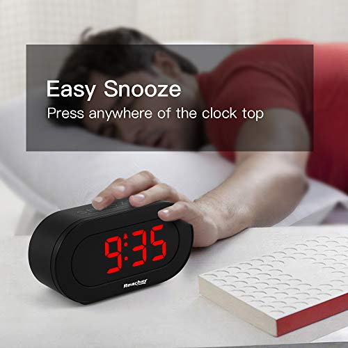 REACHER Small LED Digital Alarm Clock with Simple Operation, Full Range Brightness Dimmer, USB Phone Charger Port, Easy Snooze, Adjustable Alarm Volume, Outlet Powered for Bedrooms Bedside(Black)