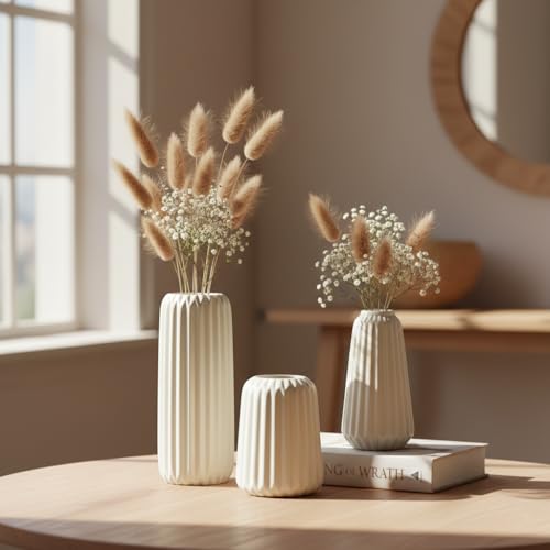 Image of PUREZENTO 'Flute Ribbed' White Ceramic Vase - Set of 3 | Decorative Flower Vase for Modern Home Decor, Living Room, Bedroom, Table & Shelf | Vases for Pampas Grass, Fresh, Dried & Artificial Flowers