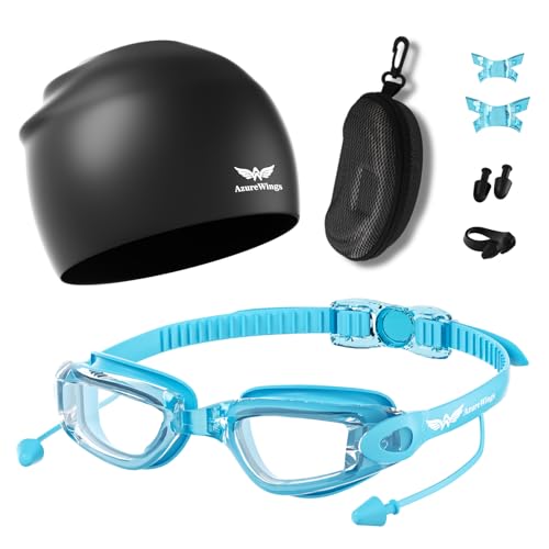 AzureWings 7 in 1 Swim Goggles + Swim Cap for Men Women,No Leak Anti-Fog & UV, Wide Visio HD Mirror PC Lens (light blue)
