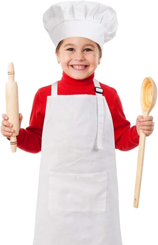 MAKSTILE Kids Apron with Chef Cap |Adjustable Neck Strap |Ideal for Cooking, Baking, Painting & School Activities | Cotton Children Apron for Boys & Girls | 3 to 6 years | Size-52 x 47 cms (White) - Image 8 thumbnail