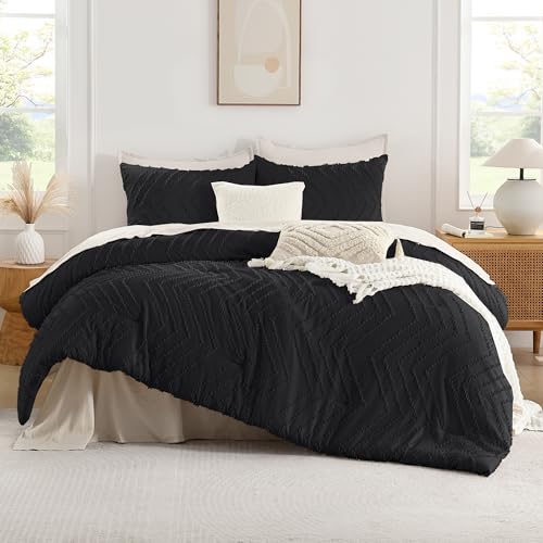 Image of Andency Black Comforter Queen, Boho Soft Fluffy Warm Lightweight Bedding Comforter Sets for Queen Bed, 3 Pieces Chevron Tufted Aesthetic Microfiber Lightweight Comforter Set