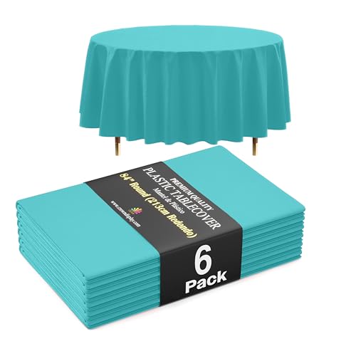 Image of Exquisite 66% Thicker Premium Aqua Round Tablecloth 0.5 Mil 6 Pack Plastic Table Cloth Disposable 84 Inch Round Plastic Tablecloth Won't Tear Easily Like Cheap Thin Brands