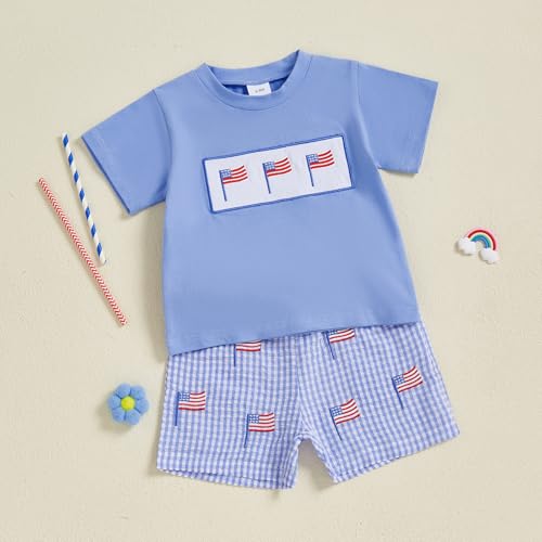 Image of Kayotuas Fourth Of July Toddler Boy Outfit Baby American Flag Clothes Patriotic Shirt Striped Gingham Shorts 2Pcs Summer Sets