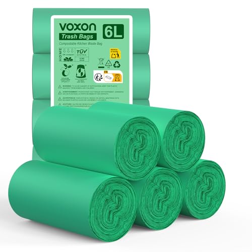 VOXON 100% Biodegradable Food Waste Bags, 6 L x 150 Counts Compostable Bin Liners with Extra Thick 19μm, EN13432 Certified Eco-Friendly Food Waste Bin Bags, 5 Rolls (150 Bags Total)