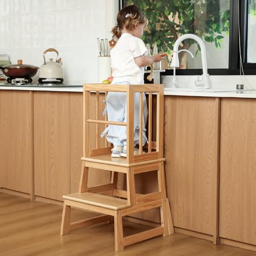 Image of Kids Kitchen Step Stool, Ideal Toddler Learning Standing Tower, 2025 New Upgrade with an Anti-tip Structure and Anti-Drop Safety Bar, More Stable and Safer - Natural