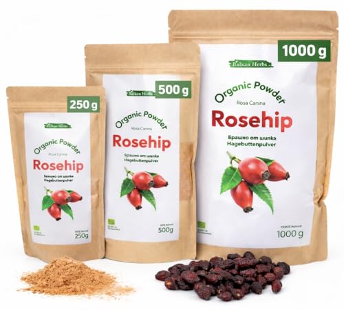 BIO Hagebuttenpulver 1000g., Wildsammlung aus EU, fein gemahlene (400 Mikron) Schalen & Samen (Rosa canina), Naturrein & ohne Zusätze, Ideal für Smoothies, Backwaren - Kuchen, Brot, von Balkan Herbs