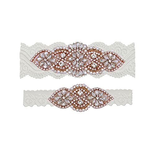 Yanstar Wedding Bridal Garter Belt Off White Stretch Lace Bridal Garter Sets With Rose Gold Rhinestones For Wedding #TOP27