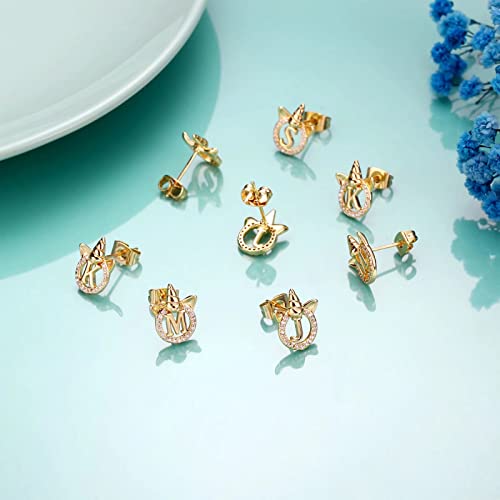 Unicorn Earrings For Girls, S925 Sterling Silver Post 14K Gold Plated Girls Earrings Alphabet Letter Cubic Zirconia Stud Earrings For Toddler Kids Unicorn Gifts For Girls #TOP5