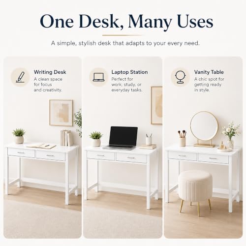 Image of 4NM 39.4 inch Small Desk with Wood Drawers, Home Office Computer Desk with Wooden Legs, Study Writing Table Vanity Desk for Small Spaces - White