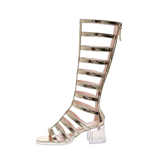 Crepuscute Women's Open Toe Knee High Flat Roman Gladiator Sandals,Summer Beach High Top Zip Back Casual Sandals Outdoor party travel sexy wedge Long Boots (gold,5,5)