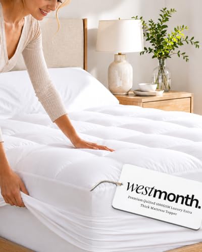 Mattress Topper 1000 GSM WestMonth Premium Quilted 1000gsm Luxury Extra Thick Mattress Topper for Back Pain Relief - Breathable & Fluffy Soft with Deep Pocket (8-21) (White Queen)