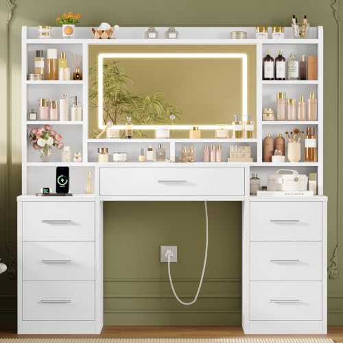 Image of FIONESO Large Vanity Desk with Mirror and Lights, 3-Color LED, Makeup Vanity with 7 Drawers, 6 Open Storage Shelves and Power Outlet, White Vanity for Girls, for Bedroom