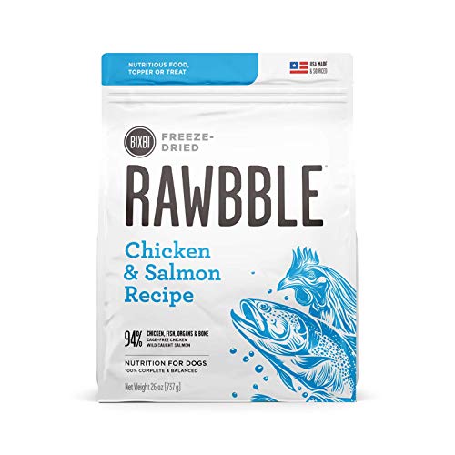 BIXBI Rawbble Freeze Dried Dog Food, Chicken & Salmon Recipe, 26 oz - 94% Meat and Organs, No Fillers - Pantry-Friendly Raw Dog Food for Meal, Treat or Food Topper - USA Made in Small Batches