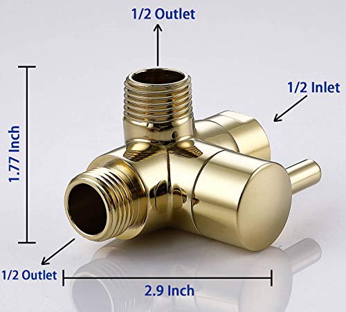 All Metal Shower Arm Diverter,G 1/2 3 Way Shower Diverter Valve For Hand Held Showerhead and Fixed Spray Head Diverter (Polished brass)
