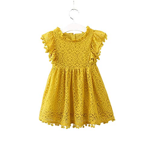 Toddler Infant Girls Elegant Lace Pom Pom Flutter Sleeve Party Princess Floral Dresses (Yellow, 3T)