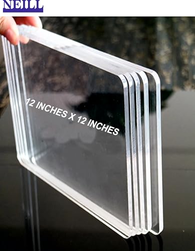 Image of NEILL High Gloss Acrylic Square Sheet with Rounded Corners, 3mm Thickness, Transparent 12 inch x 12 inch (Pack of 3) - Ideal for Glass Painting and DIY Projects Clear.