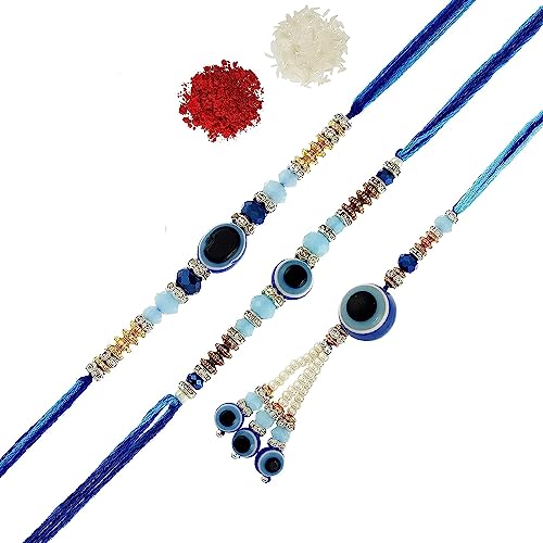 Image of SAUDEEP INDIA Unisex-Adult Rakhi For Bhaiya Bhabhi | Bhaiya Bhabhi Evil Eye Rakhi | Lumba Rakhi For Bhabhi |Couple Rakhi Set | Rakhi Gift (2 Evil Eye Rakhi With 1 Evil Eye Lumba Rakhi)