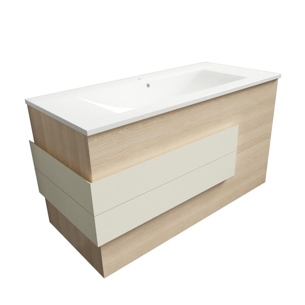 Atrios Modelo Leo Conjunto Baño Estilo Madera con 2 Cajones, Lavabo Porcelánico y Suspendido en Pared, Mueble MONTADO, Laminado Fresno, 100 cm