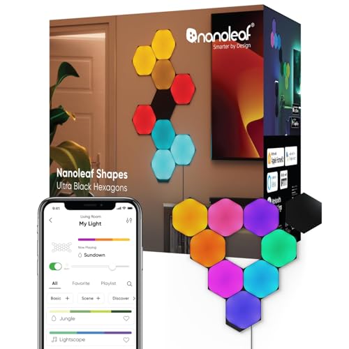 Nanoleaf Shapes Ultra Black Hexagon Starter Kit, 9 Smart Light Panels LED RGBW - Modular Wi-Fi Colour Changing Wall Lights, Works with Alexa Google Assistant Apple Homekit, for Room Decor & Gaming