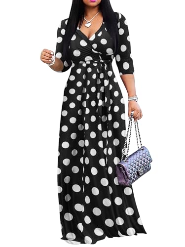 Women 1950s Vintage Maxi Dress Summer Sexy Beach Warp V Neck A-Line Flowy Swing Black Polka Dot Dresses