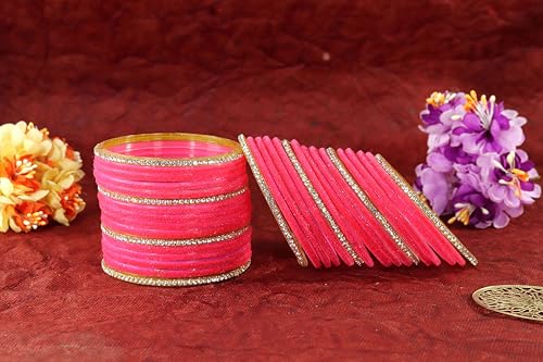 Image of NMII Fancy Glass Golden Zircon Diamond Stone & Velvet Finish Plain Bangles Set For Women & Girls | Glass Velvet Bangles | Kanch ki Chudiyan | Girl's Bangles Bracelet | Fashion Jewellery- Set of 32