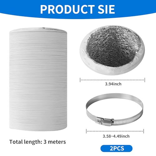 Abluftschlauch Ø100mm Länge 3m Weiß,Flexibler Aluflexschlauch aus Aluminium mit PVC-Beschichtung und 2 Edelstahl-Schlauchschellen für Lüftung, Trockner, Dunstabzugshauben und Klimageräte