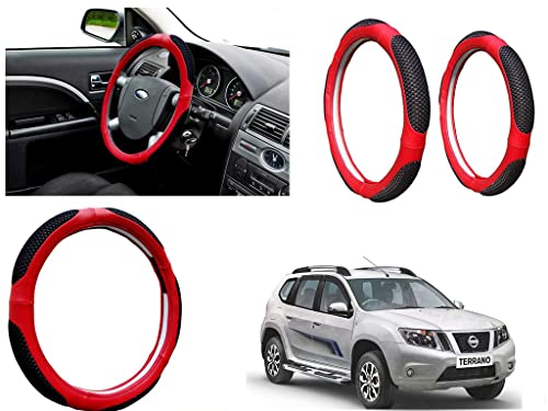 Image of Microfiber Car Steering Wheel Cover, Soft Padding Great Hand Feel, Anti-Slip, Faux Leather Steering Cover for Nissan Terrano | Black Red Jali - Pack of 1