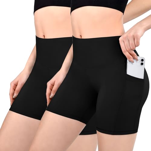 Sanpetix Radlerhose Damen mit Taschen High Waist Sporthose Damen Kurz Sport Shorts für Gym Schwarz 2 Pack SM