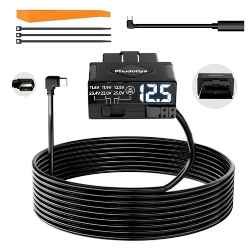 OBD2 to USB-C Power Cable for Dash Camera OBD Dash Cam Hardwire Kit with Acc Detection 4-Level Low Volt Protection & LED Voltmeter Plug & Play OBDII Adapter for 24/7 Parking & Continuous Recording