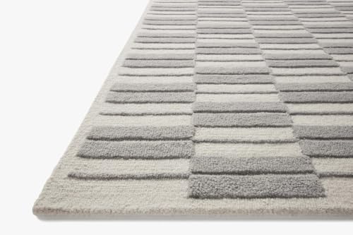 Image of Modern (High Low Pile) Pattern Wool Carpet with Loop Texture Yarn Anti Shedding Carpet Size 4x6 Feet B0 Grey Ivory Color
