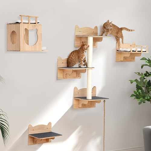 Juego de pared de escalada para gatos de madera de pino, estantes para gatos y perchas para paredes, diseño de seguridad mejorado con tablas antideslizantes y paneles de madera con doble refuerzo.