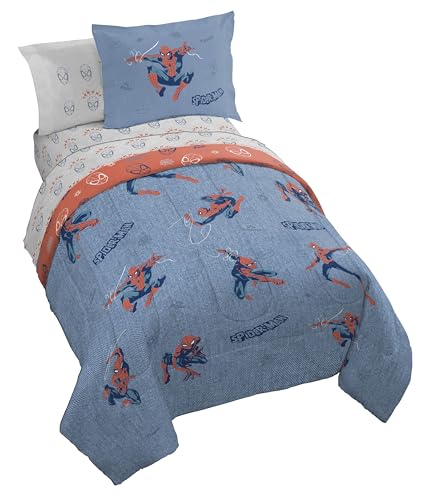 Image of Marvel Spiderman Full Comforter Set 7 Piece Bedding for Boys, Blue | Bed in a Bag, Comforter Sheets Shams Pillowcases, Official Product, Soft Microfiber, Machine Washable, Boys Gift