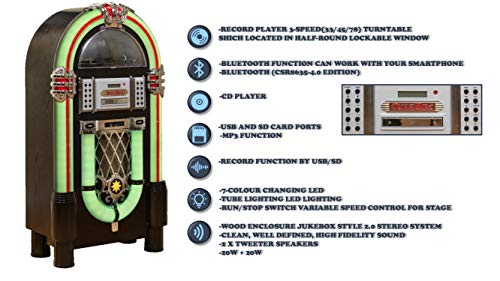 Roxby Retro Full Size Jukebox Cd Player With Bluetooth Stereo Record Player Radio Usb Aux Port Sd Card Slot And Remote Control Juke Box Multicolored Lighting And External Adapter #TOP7