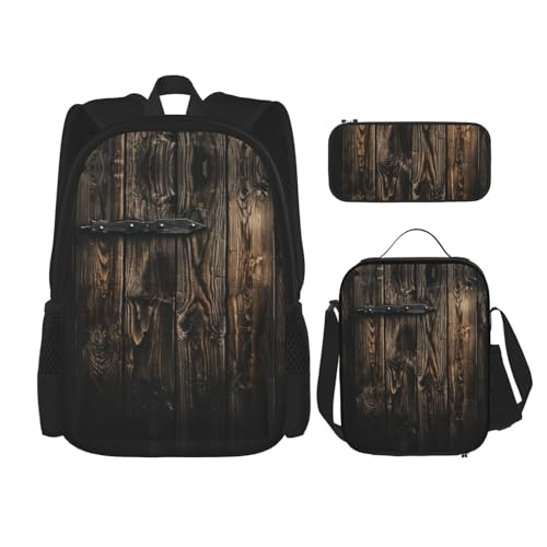 nanger Rustic Antique Wooden Door Print 3-Piece Set Backpack, Lunch Bag And Pencil Case, For Travel, College, And Daily Use
