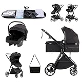 Zkipm Poussette 3 en 1 avec isofix Base, Poussette Combinée Portable Pliant en Un Clic, Réversible Siège Inclinable，Moustiquaires, Housses de Pluie, Porte gobelets, Sacs, Tapis frais, 0 à 3 Ans