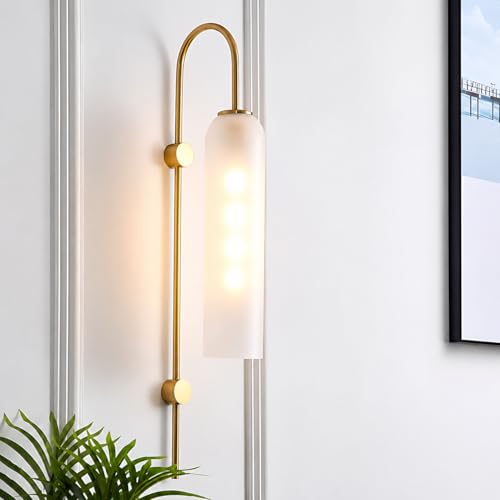 Image of Long Glass Wall Light with Modern Metal Design Gold Finish Light Fixture for Bedroom, Living Room, Home, Bar, Cafe, Hotel, Workspace with 30 cm Long Bulb (Frost White)