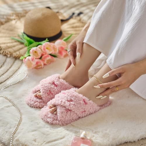 Image of GOEWY Fuzzy Open Toe Slippers for Women Cozy Memory Foam House Shoes Indoor | Cute Cross Band,Soft Faux Fur,Anti-slip Sole Outdoor,Machine-washable,Lightweight,Slip on Gifts for Women,Mom and Bridesmaid