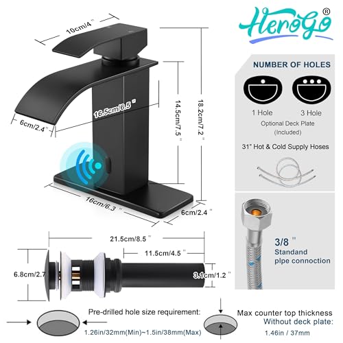 Image of Touchless Bathroom Sink Faucet, Herogo Automatic Sensor Matte Black Waterfall Stainless Steel Bathroom Faucet with Brass Pop Up Drain for Vanity RV Lavatory Farmhouse